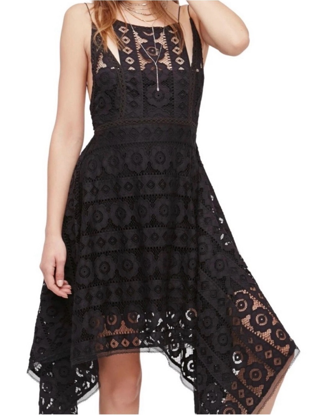 Free People Black Crochet Midi Dress LACE ASYMMETRICAL HEM DRESS BLACK size 4